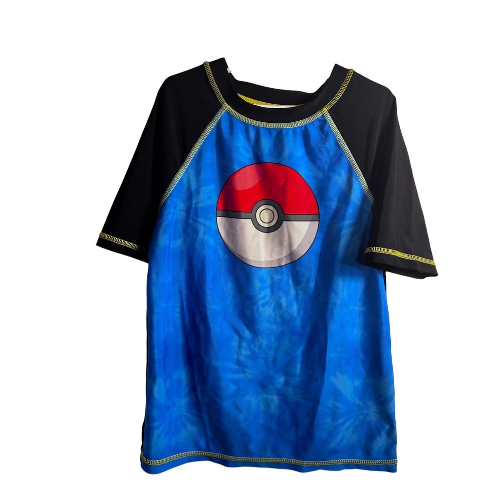 Pokemon Rash Guard 10/12 Blue Tie Dye Poke Ball Graphic Swim Shirt Kids